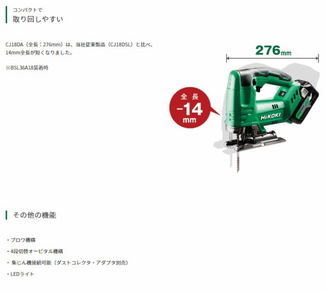 HiKOKI コードレスジグソー CJ18DA(XPZ) バッテリ(BSL36A18X)+急速充電器(UC18YDL2)+ケース付 18V対応  ハイコーキ 日立｜au PAY マーケット