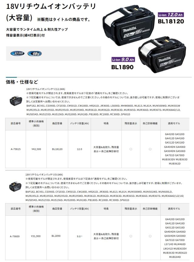 (マキタ) A-79815 純正品 リチウムイオンバッテリー BL18120 正規品 18V 12.0Ah makita_1
