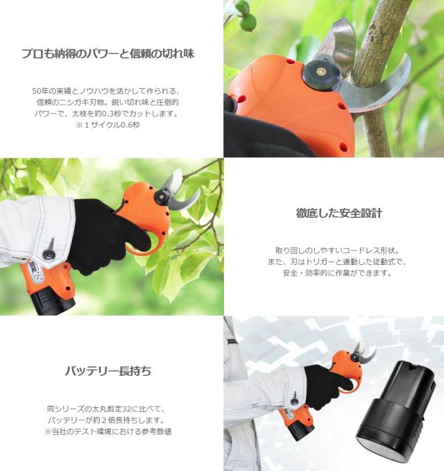 ニシガキ N-770 太丸剪定25 バッテリ+充電器付 最大切断径約25mm 充電式剪定鋏 。_1