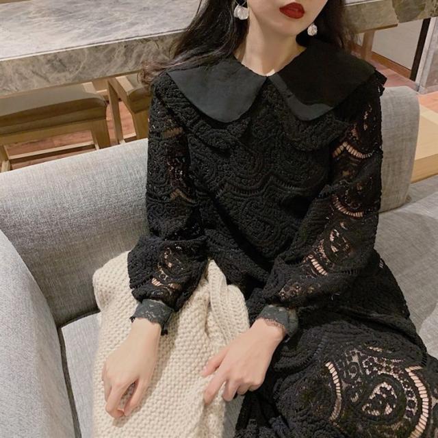 シアーワンピース 春 大人 マーメイドワンピース 春 ミモレ丈 ミディ レース 長袖 ブラック 黒 セーラーカラー シースルー フェミニン シの通販はau Pay マーケット Evergreen エバーグリーン