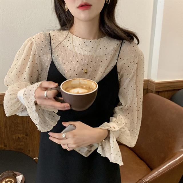 ワンピース 春 大人 セット シアー ブラウス レディース おしゃれ ドット 長袖 ミモレ丈 キャミワンピ ブラック 黒 シースルー 透け感 きの通販はau Pay マーケット Evergreen エバーグリーン