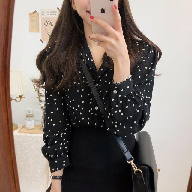 ブラウス レディース シャツ オープンカラーシャツ ドット柄 シャツ ブラウス 大人かわいい レトロ 長袖の通販はau Pay マーケット Evergreen エバーグリーン