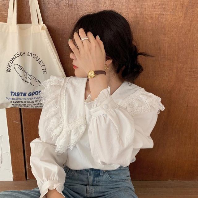 ブラウス レディース おしゃれ フリル 長袖 レース セーラーカラー ホワイト 白 パフスリーブ かわいい シンプル 着まわし フェミニンの通販はau Pay マーケット Evergreen エバーグリーン