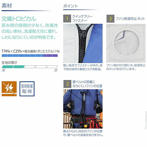 空調ウェア フルハーネス用長袖ブルゾンと12Vフラットファンと