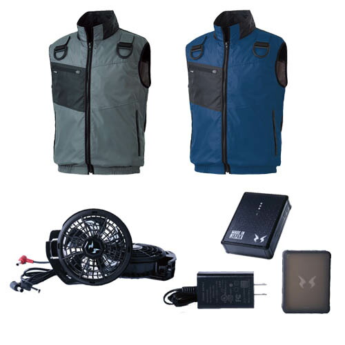 サンエス 空調風神服Rフルハーネス用ベスト+デバイスセット ( KF90479G+3ネイビー+5L + RD9291J + RD9210HN ) サンエス 空調風神服Rフルハーネス用ベスト+デバイスセット ( KF92490G