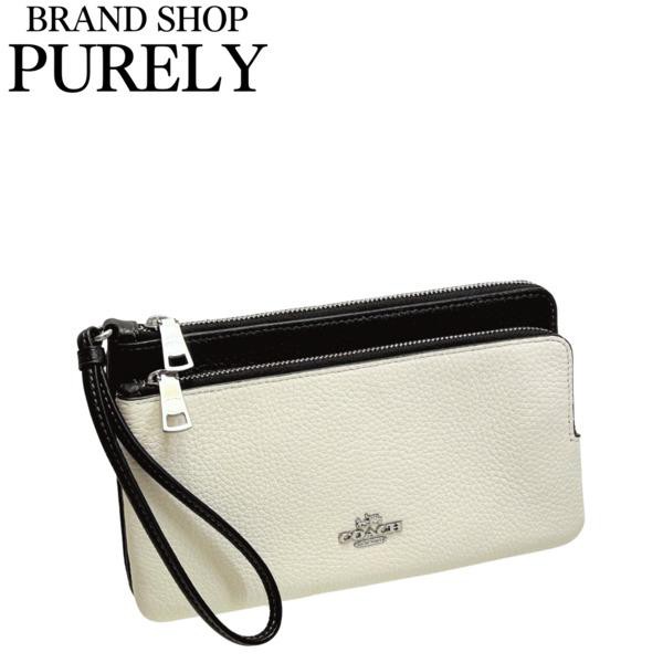 コーチ 財布 レディース COACH ポーチ ペブルド レザー ダブル ジップ リストレット CU921 SVNOK チョーク×ブラックマルチ