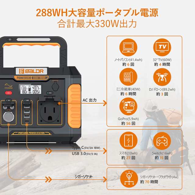 BALDR ポータブル電源330W 大容量 82500mAh/288Wh 最家庭アウトドア