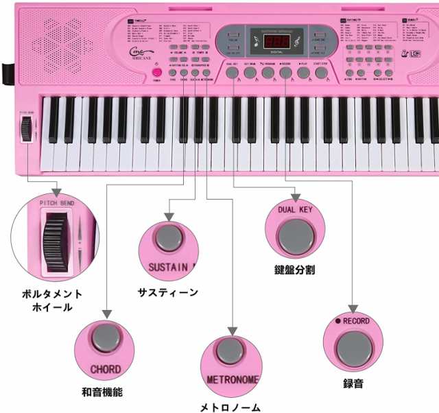 Hricane 電子 キーボード ピアノ 61鍵盤 200種類音色 200種類リズム 70曲デモ曲 LCDディスプレイ搭載 楽器 光る鍵盤  日本語パネル ヘッドフォン対応 録音機能 トランスポーズ機能 子供 初心者 練習用 日本語説明書付き (ピンク)の通販はau PAY マーケット -  AOIBOEKI au ...