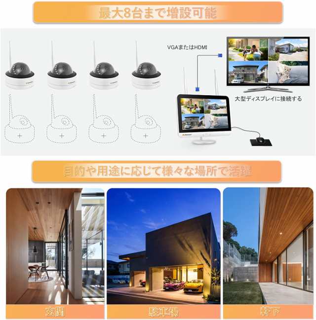 防犯カメラ ワイヤレス 屋外 500万画素 家庭用 室内 4台 wifi ドーム型