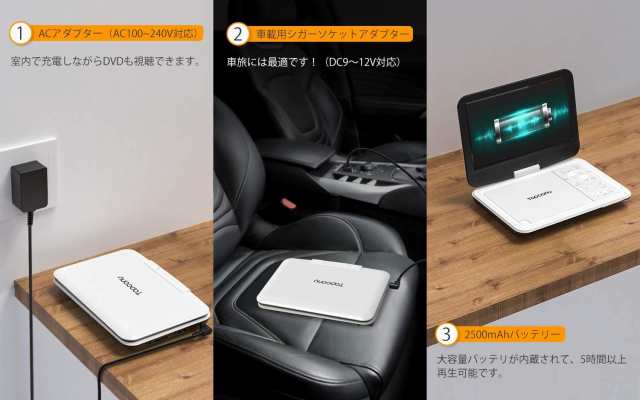 ポータブルDVDプレーヤー Topcony 10.5インチ 高画質液晶 大容量充電式