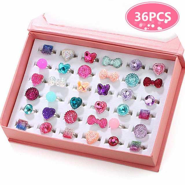 ジュエルリング ジュエリー指輪ボックス 36種類 キラキラリボン きらきら ハート 宝石 PinkSheep Little Girl Jewel Rings in Box Adjus