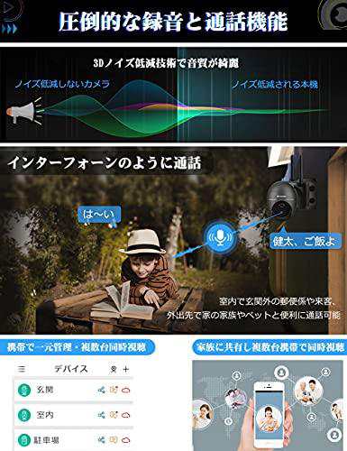 防犯カメラ wifi強化・PTZ機能15000mAh YESKAMO 防犯カメラ ソーラーWi-Fi 電池式 パン355°チルト120°  130°超広角 200万画素 双方向通｜au PAY マーケット