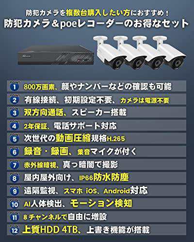 防犯カメラ 2022年版 800万超高画素・双方向通話・4TB SOOHAO