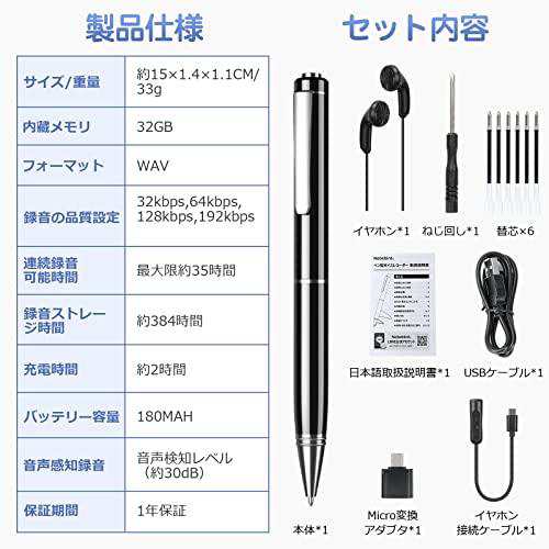 ボイスレコーダー ペン型 小型 35時間連続録音 32GB大容量 180mAh