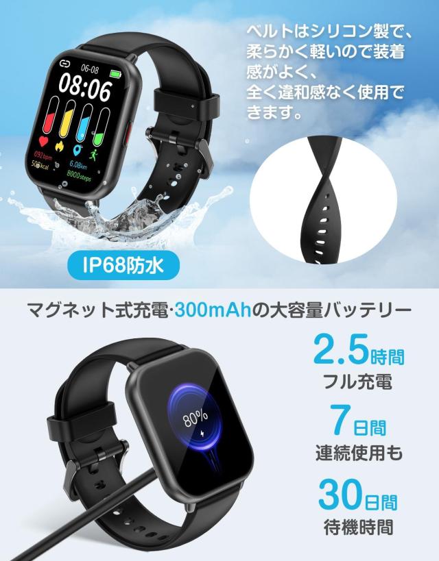 スマートウォッチ iPhone/Android対応 Bluetooth 大画面 腕時計 歩数計 Smart Watch 7日間持続バッテリー 着信電話通知 スマホ探す DIY文字盤 IP68防水 アラーム タイマー ストップウォッチ 天気予報 睡眠モニタの通販は