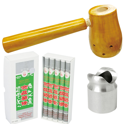 らくらく温灸器(おんきゅうき) + New新消しつぼ + 棒灸 念盈薬條(ねんえいやくじょう)10本入 セット - 皮膚からの距離を調節して手軽に温灸!らくらくフード。棒灸用フード【棒灸セット】