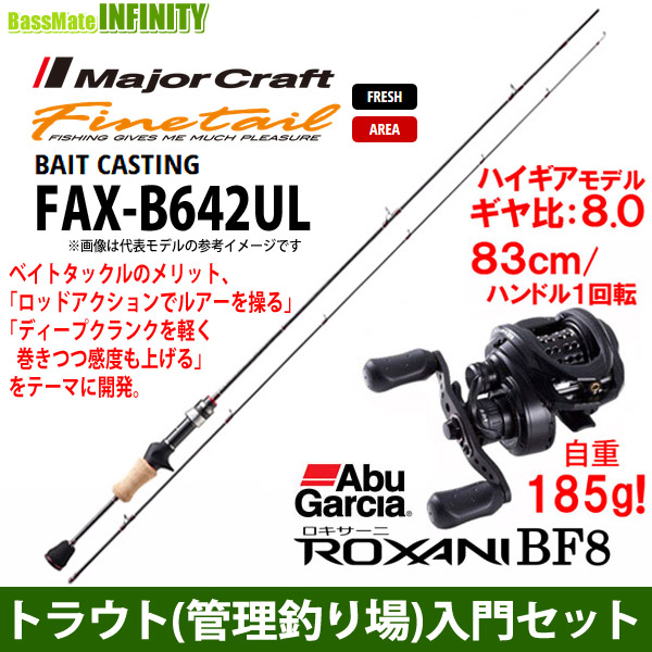 【トラウト(管理釣り場)入門セット】●メジャークラフト　ファインテール エリア ベイトキャスティングモデル FAX-B642UL＋アブガルシア　ロキサーニ BF8(右ハンドル)の通販は