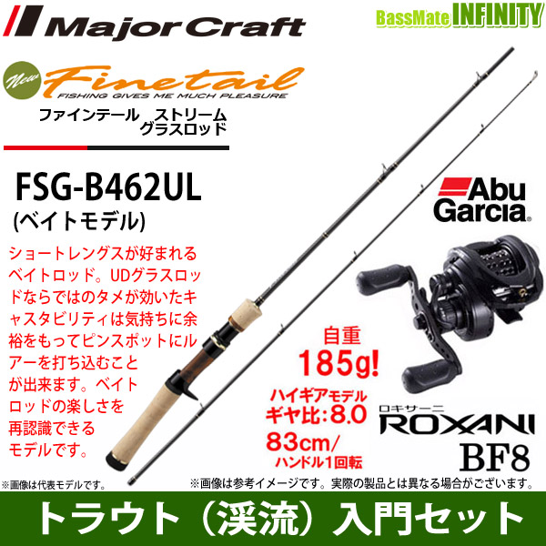 【トラウト（渓流）入門セット】●メジャークラフト　ファインテール ストリーム グラスロッド FSG-B462UL＋アブガルシア　ロキサーニ BF8 (右ハンドル)の通販は