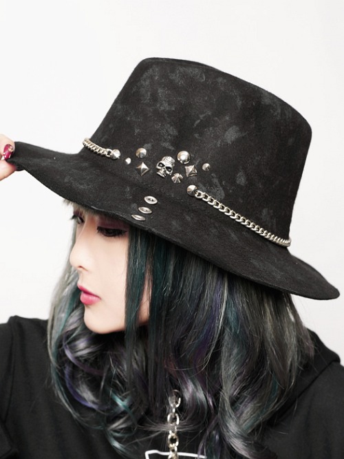 [APPAREL]/セックスポットリベンジ/GRUNGE STUDS BRIM ハット 黒×白 (F) ゴスロリ・パンク/SEX POT ReVeNGe