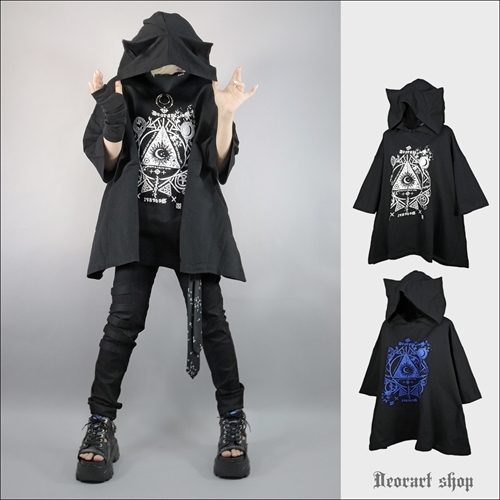 [APPAREL]/ディオラート/[ ネコ耳フード ] 五分袖 プリント・Aラインパーカー ブラック x ホワイト (M) ゴスロリ・パンク/Deorart