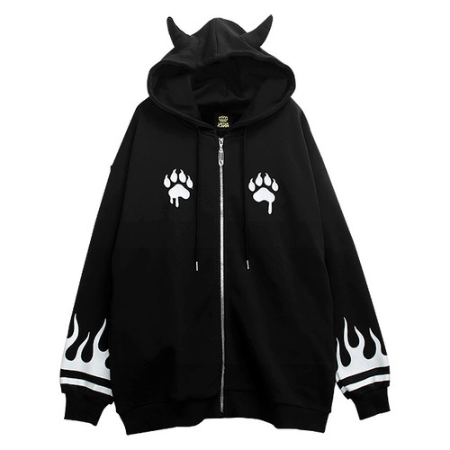[APPAREL]/リッスンフレーバー/虎と炎のツノ付き肉球ジップパーカー(裏毛) BLACK (F) ゴスロリ・パンク/LISTEN FLAVOR