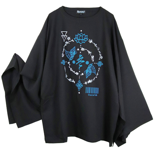 [APPAREL]/ディオラート/オーバーサイズ・着物袖 長袖カットソー中華風・和風 ブラック x ブルー (M) ゴスロリ・パンク/Deorart