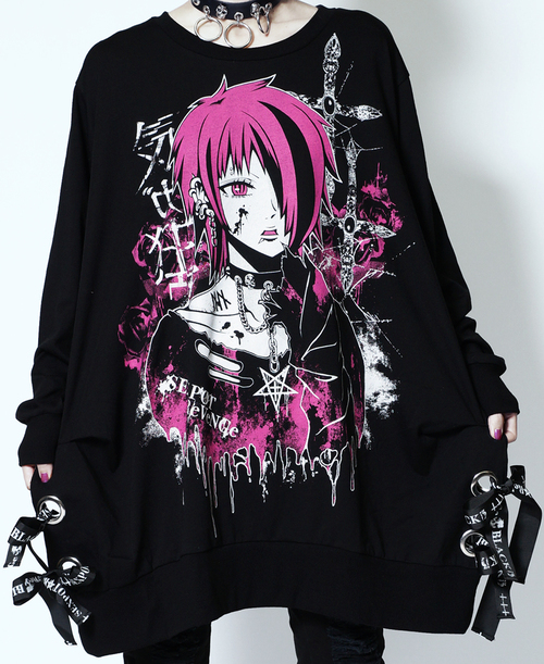 [APPAREL]/セックスポットリベンジ/猛毒バンギャ LOGO RIBBON ビッグ カットソー 黒 x 白 + ピンク (F) ゴスロリ・パンク/SEX POT ReVeNGe