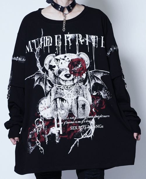 [APPAREL]/セックスポットリベンジ/MURDER BEAR LOGO BELT ROCK SLEEVE カットソー 黒 x 白 + 赤 + シルバー (F) ゴスロリ・パンク/SEX POT ReVeNGe