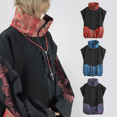 [APPAREL]/ディオラート/チャイナ・中華ボタン ジレ ベスト[中華柄切替え] ブラック x レッド (LONG) ゴスロリ・パンク/Deorart