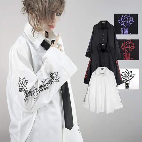 [APPAREL]/ディオラート/プリントスリーブ・ モンスターサイズシャツ[ Goth Lotus 蓮 ] ホワイト x ブラック (L) ゴスロリ・パンク/Deorart