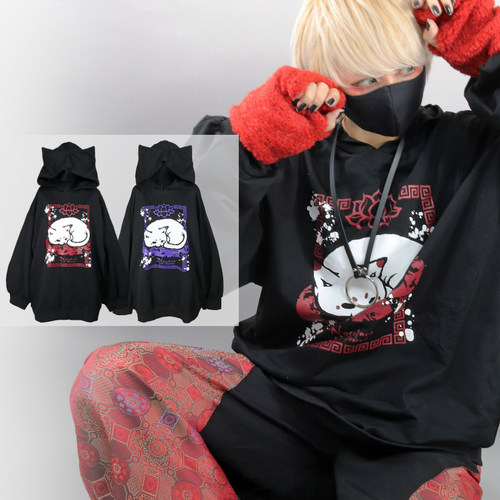 [APPAREL]/ディオラート/オーバーサイズ ネコ耳フード・プルパーカー [maroneko] ブラック×レッド (F) ゴスロリ・パンク/Deorart