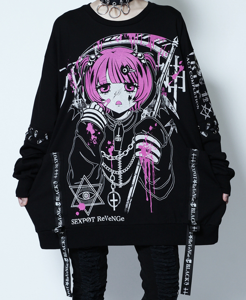 [APPAREL]/セックスポットリベンジ/ダリぃ死神 LOGO BELT LOOSE BIG デザイン カットソー 黒×白 + ピンク (F) ゴスロリ・パンク/SEX POT ReVeNGe