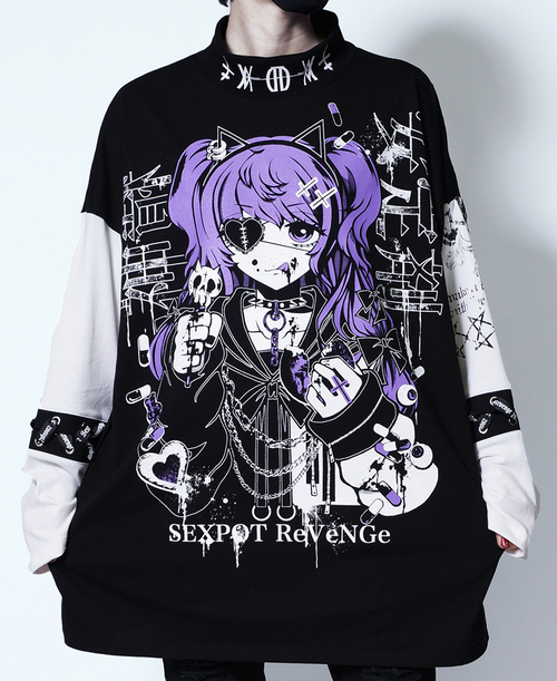 [APPAREL]/セックスポットリベンジ/精神安定剤 LACE UP SLEEVE MOCK NECK BLACK カットソー 黒+ 白 x 白+ 紫 (F) ゴスロリ・パンク/SEX POT ReVeNGe