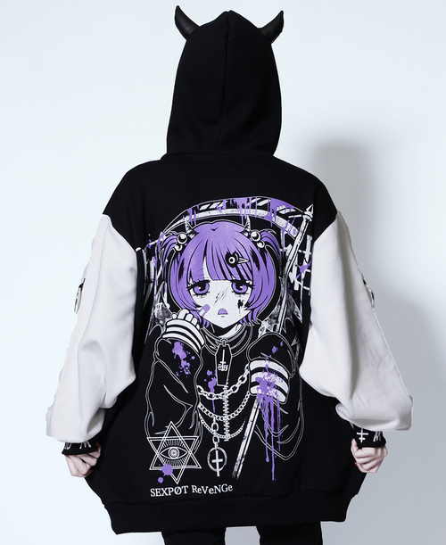 [APPAREL]/セックスポットリベンジ/ダリぃ死神 SID RING BONDAGE DESIGN DEVIL ジップ パーカ 白+ 黒 x 白+ 紫 (F) ゴスロリ・パンク/SEX POT ReVeNGe