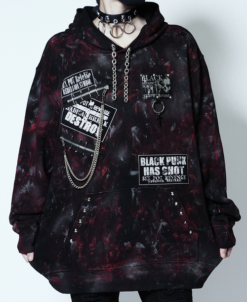 [APPAREL]/セックスポットリベンジ/DEATH13 DESTROY PUNK CUSTOM プルパーカ 黒×レッド系ペイント (F) ゴスロリ・パンク/SEX POT ReVeNGe