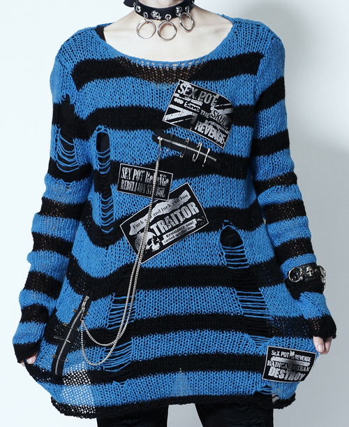 [APPAREL]/セックスポットリベンジ/DESTROY PUNK CUSTOM ボーダー セーター BLE 黒水色ボーダー (F) ゴスロリ・パンク/SEX POT ReVeNGe