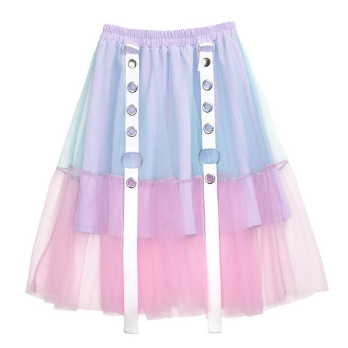 [APPAREL]/リッスンフレーバー/ベルト装備ふわふわチュールスカート PASTEL (F) ゴスロリ・パンク/LISTEN FLAVOR