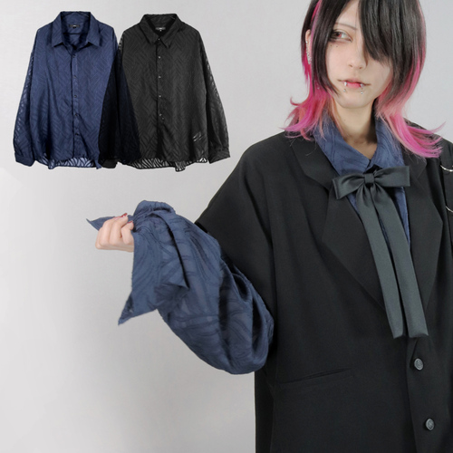 [APPAREL]/ディオラート/透け感 シアー・ジャガードシャツ[リーフ柄] ネイビー (M) ゴスロリ・パンク/Deorart