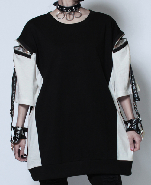 [APPAREL]/セックスポットリベンジ/BONDAGE WRIST SHOULDER ZIP カットソー 黒＋白 (F) ゴスロリ・パンク/SEX POT ReVeNGe