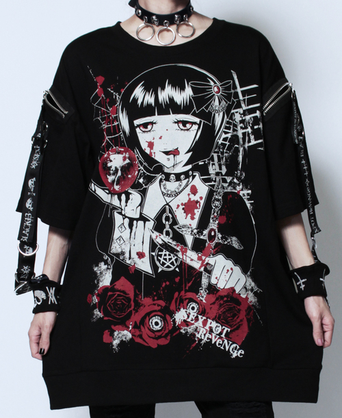 [APPAREL]/セックスポットリベンジ/毒姫 BONDAGE WRIST SHOULDER ZIP カットソー 黒×白＋赤 (F) ゴスロリ・パンク/SEX POT ReVeNGe