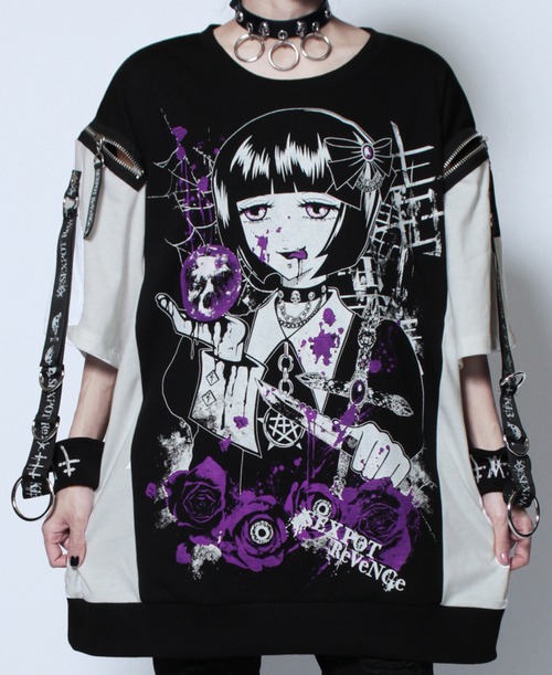 [APPAREL]/セックスポットリベンジ/毒姫 BONDAGE WRIST SHOULDER ZIP カットソー 黒＋白×白＋紫 (F) ゴスロリ・パンク/SEX POT ReVeNGe