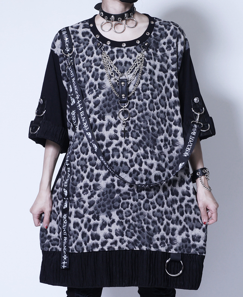 [APPAREL]/セックスポットリベンジ/CUSTOM PUNKISH LOGO BELT LEOPARD レイヤード カットソー 黒＋ヒョウ (F) ゴスロリ・パンク/SEX POT ReVeNGe