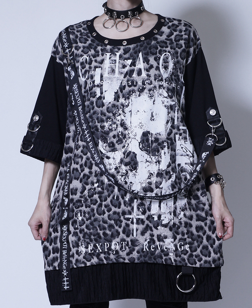 [APPAREL]/セックスポットリベンジ/BLAST CHAOS PUNKISH LOGO BELT LEOPARD レイヤード カットソー 黒＋ヒョウ×白 (F) ゴスロリ・パンク/SEX POT ReVeNGe