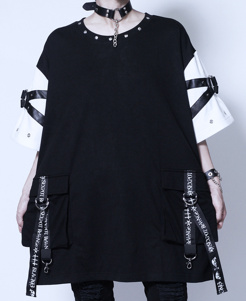 [APPAREL]/セックスポットリベンジ/BLACK ROCK BONDAGE ビッグ カットソー 黒＋白 (F) ゴスロリ・パンク/SEX POT ReVeNGe
