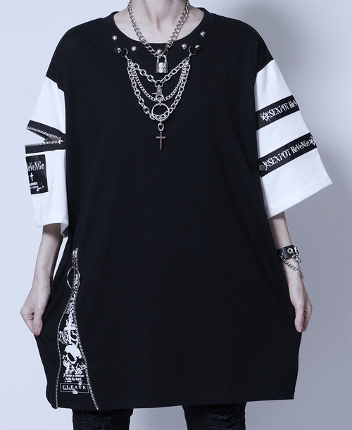 [APPAREL]/セックスポットリベンジ/CUSTOM ZIP DETAIL デザイン カットソー 黒＋白 (F) ゴスロリ・パンク/SEX POT ReVeNGe