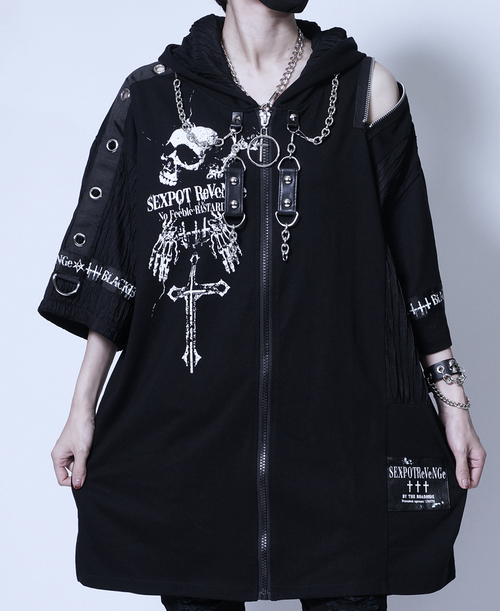 [APPAREL]/セックスポットリベンジ/CUSTOM ASYMMETRY DESIGN BLACK ROCK WASHER ZIP パーカ 黒 (F) ゴスロリ・パンク/SEX POT ReVeNGe