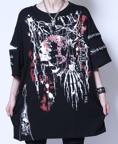 [APPAREL]/セックスポットリベンジ/FILTH ZIP DETAIL デザイン カットソー 黒 x 白＋赤 (F) ゴスロリ・パンク/SEX POT ReVeNGe