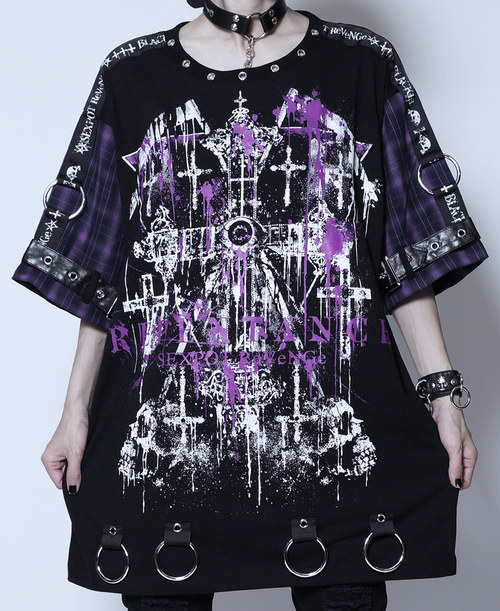 [APPAREL]/セックスポットリベンジ/REPENTANCE BELT SLEEVE SID RING カットソー 黒 + 紫チェック x 白 + 紫 (F) ゴスロリ・パンク/SEX POT ReVeNGe