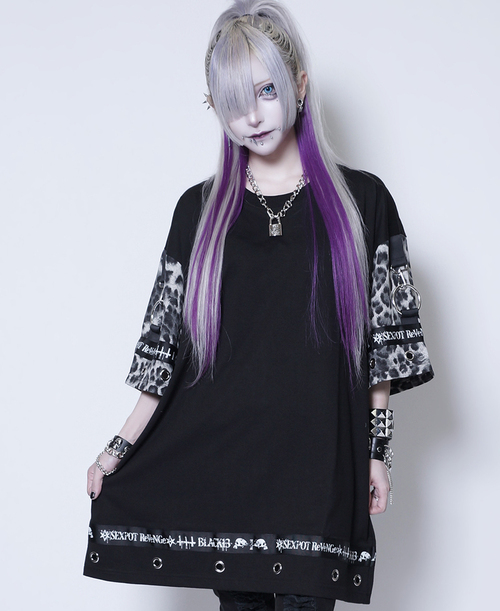[APPAREL]/セックスポットリベンジ/PUNKISH DETAIL LOGO LINE ビッグ カットソー 黒+灰ヒョウ (F) ゴスロリ・パンク/SEX POT ReVeNGe