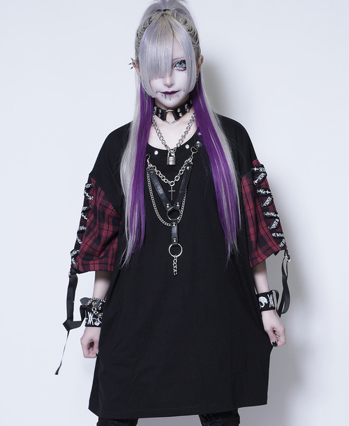 [APPAREL]/セックスポットリベンジ/CUSTOM BONDAGE WRIST レースアップ カットソー 黒+赤チェック (F) ゴスロリ・パンク/SEX POT ReVeNGe